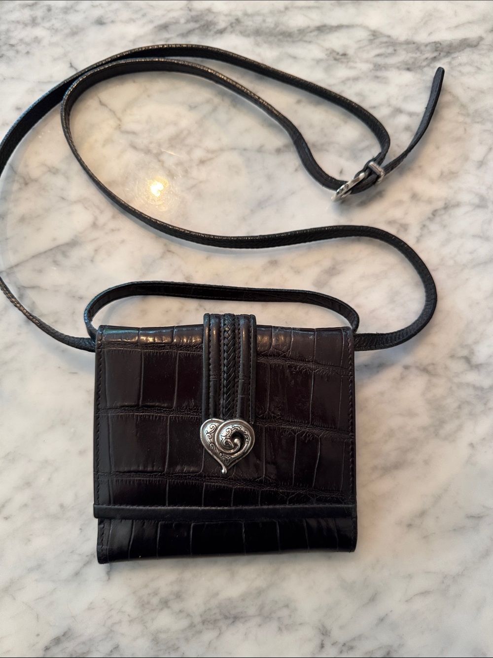 Brighton Black Croc-Embossed Leather Crossbody with Silver Heart Accent